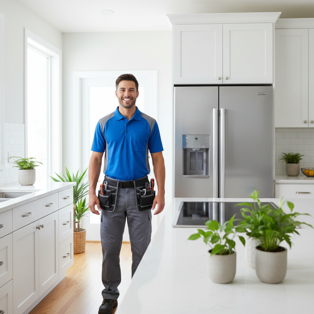 Smiling appliance repair technician standing in a modern bright kitchen