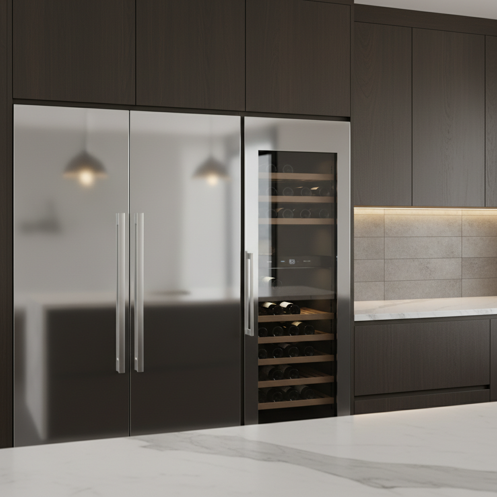Modern high-end kitchen close-up with built-in refrigerator and wine cooler